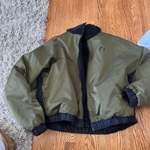 FEAT reversible size small army green and fuzzy black bomber jacket